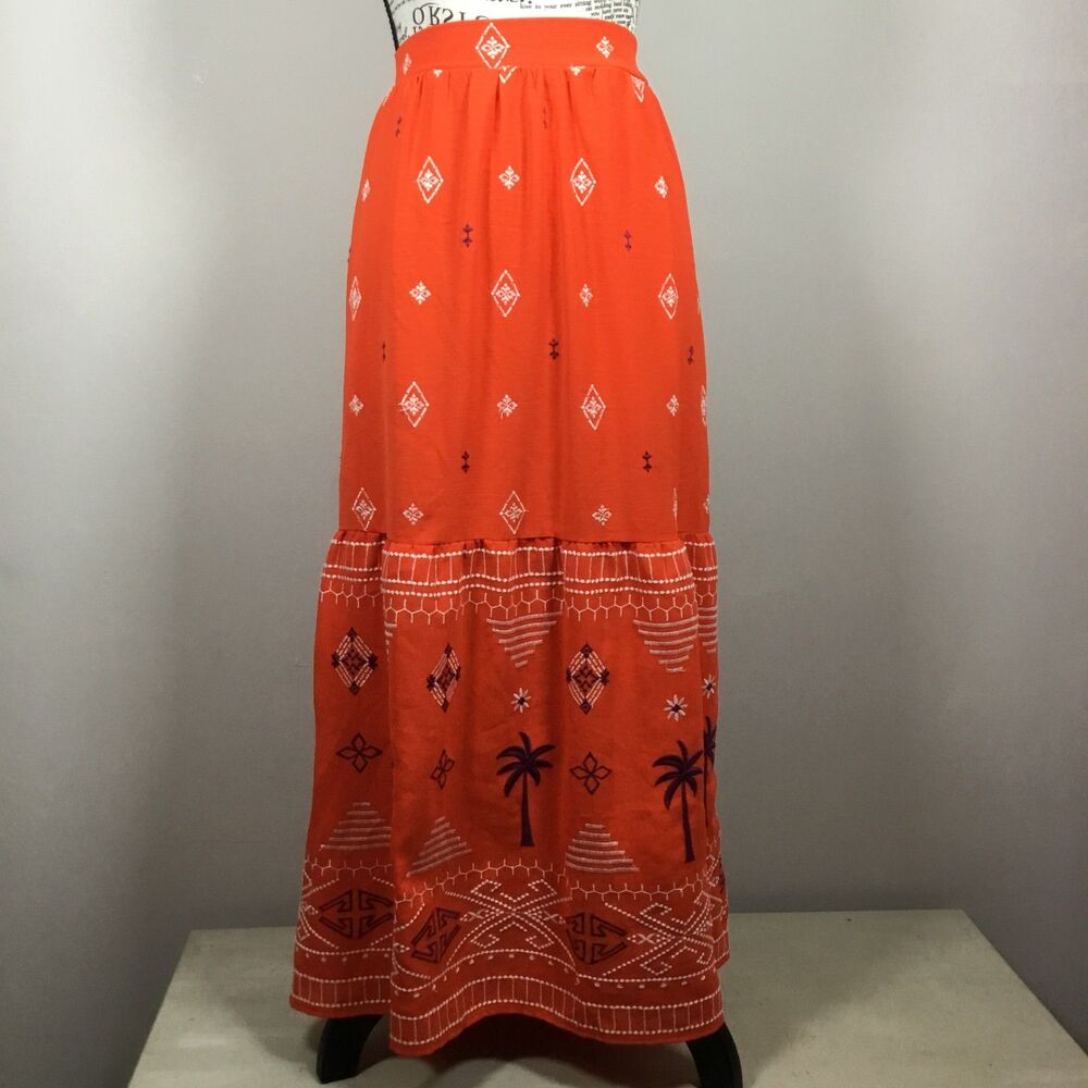 Sofia Vergara orange maxi skirt with pockets geometric pattern beach waist 31" M